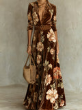 Floral Fitted V-Neck Dress for Women Vintage Waist-Cinching Elegant Fall Winter Evening Party Knit Dress