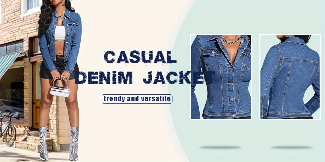 Slim Fit Stretch Denim Jacket Women Vintage Blue Short Form-Fitting Coat with Pockets Stylish Elegant Summer Outerwear
