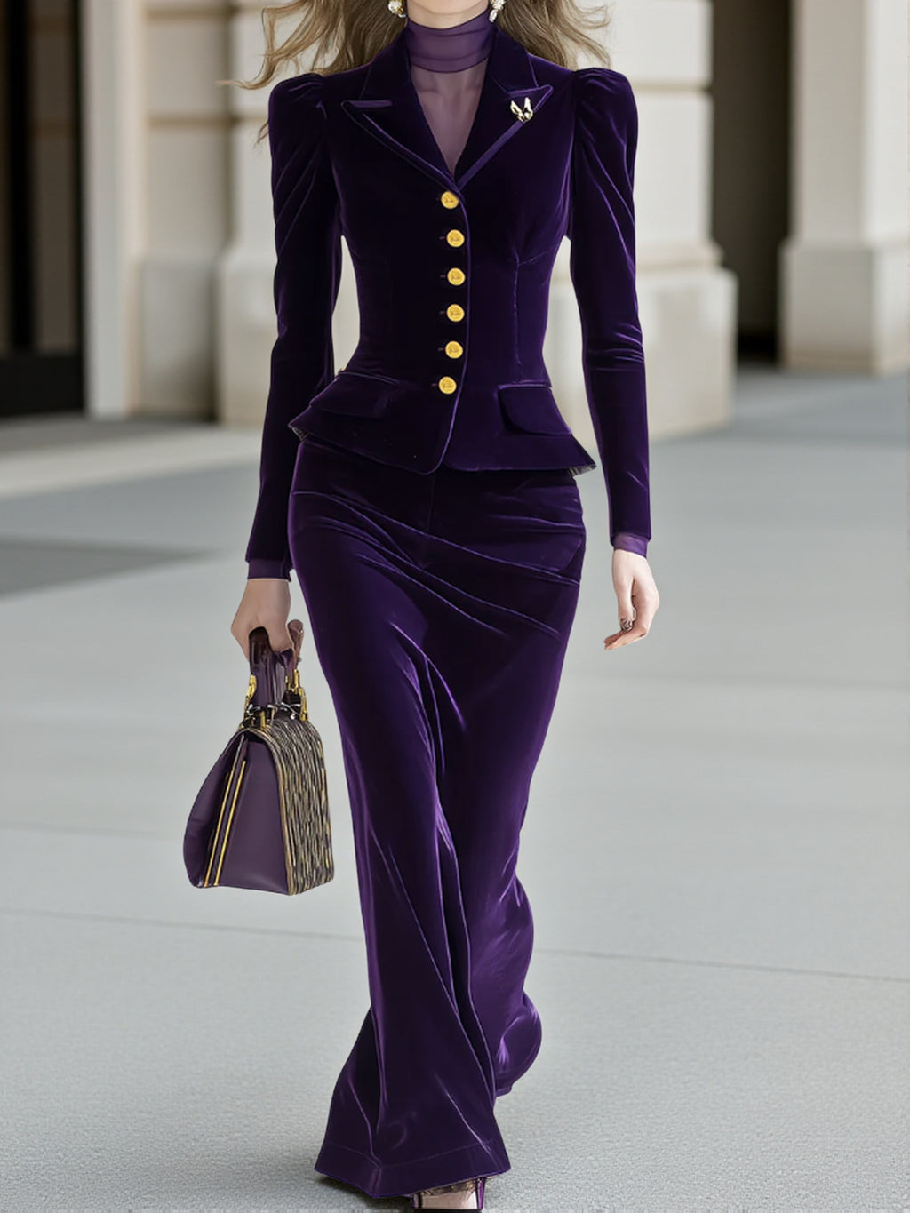 Women's Purple Velvet 2-Piece Suit Set Puff Sleeve Blazer and Maxi Skirt Elegant Autumn Winter Gala Dinner Evening Formal Outfit