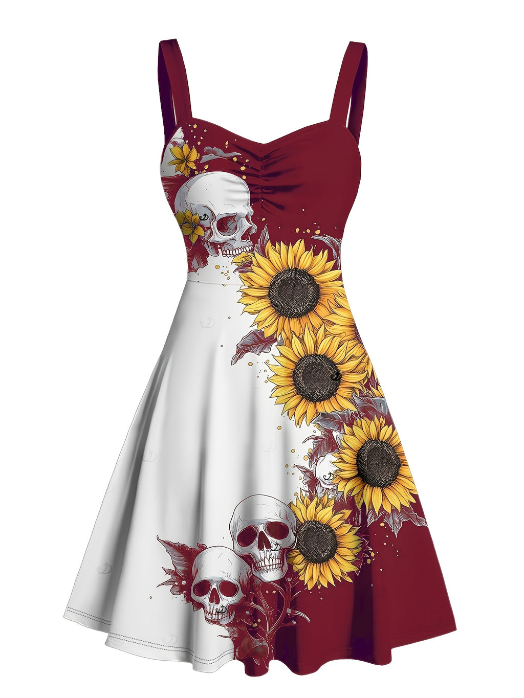 Gothic Sunflower Skull A-Line Mini Dress Women Sweetheart Spaghetti Strap Colorblock Ruched Belt Retro Halloween Dress S-XXL