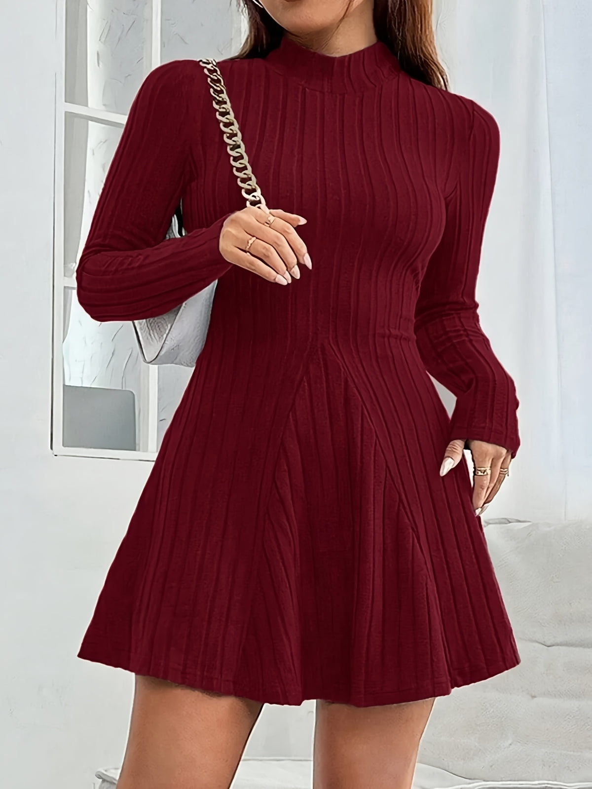 Fringed High Neck Long Sleeve Midi Dress Women | Retro Tassel Pleated Skirt | Loose Casual Dress XS-L