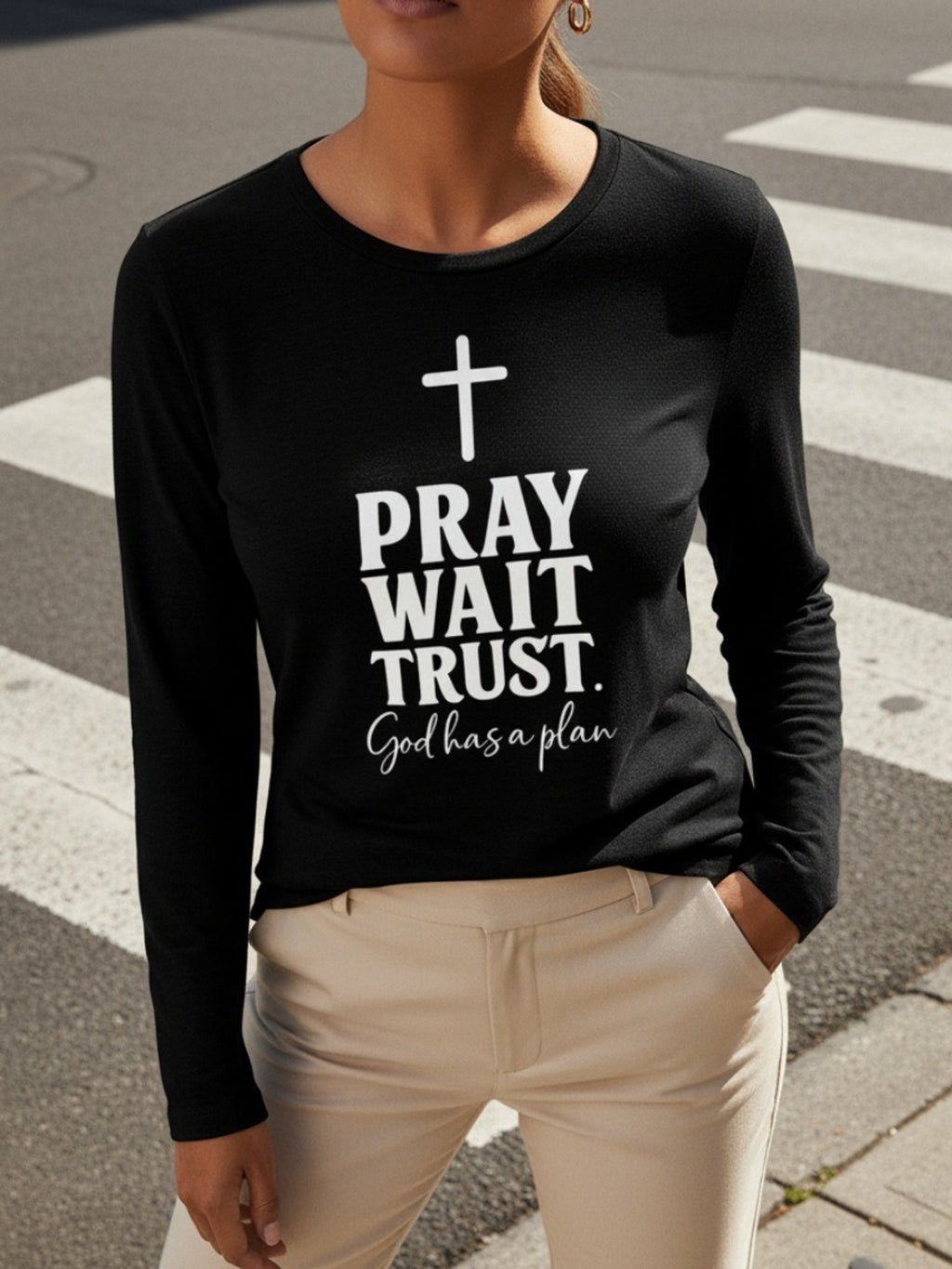 Faith Christian Print Women Long Sleeve T-Shirt Crew Neck Casual Spiritual Graphic Tee Soft Breathable Everyday Top Spring Fall