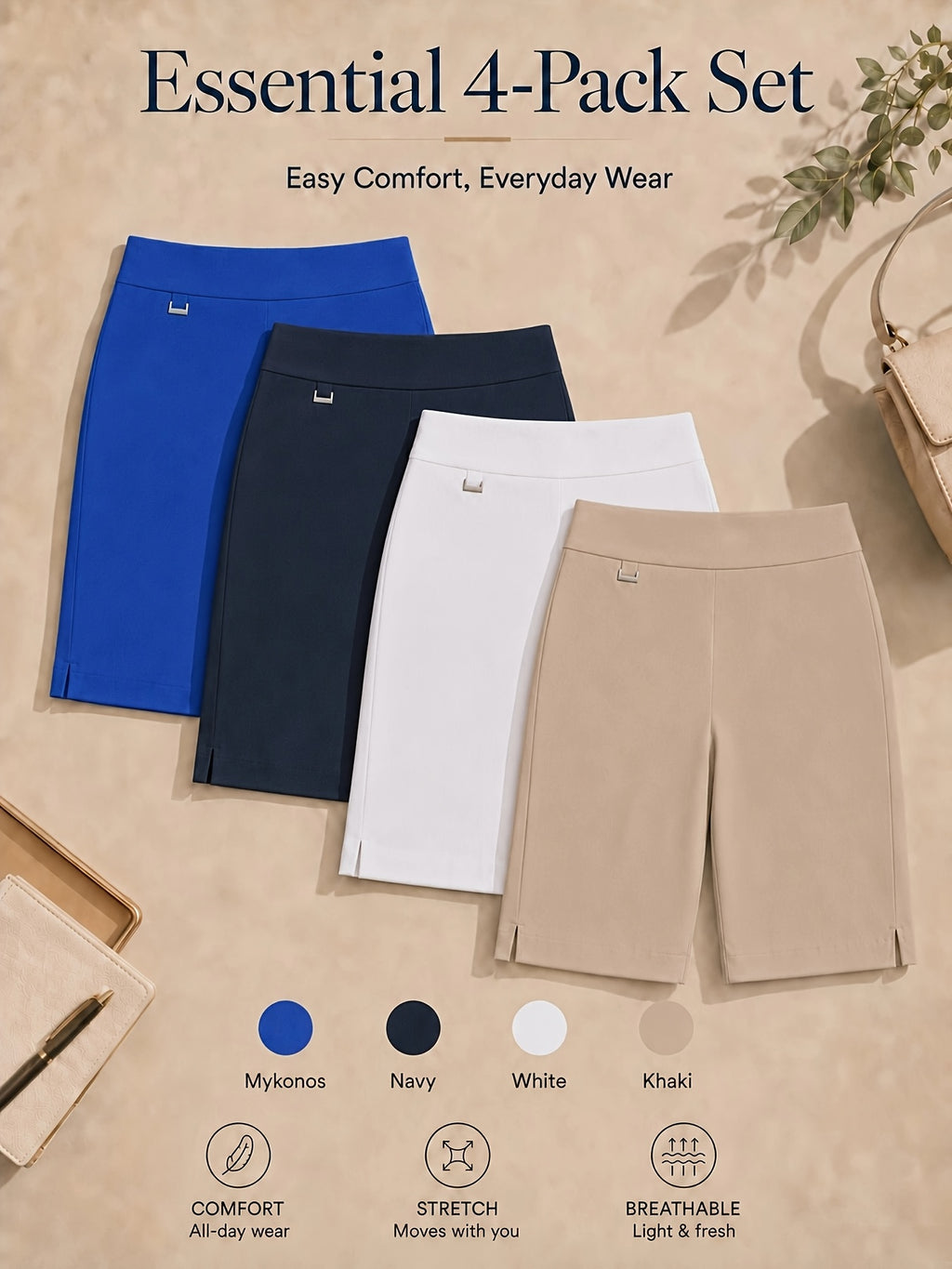 Women's Bermuda Shorts 4-Pack Pull-On Stretchy Breathable Knee Length Work Shorts with Side Slit Hem Skin-Friendly Multi-Color Set