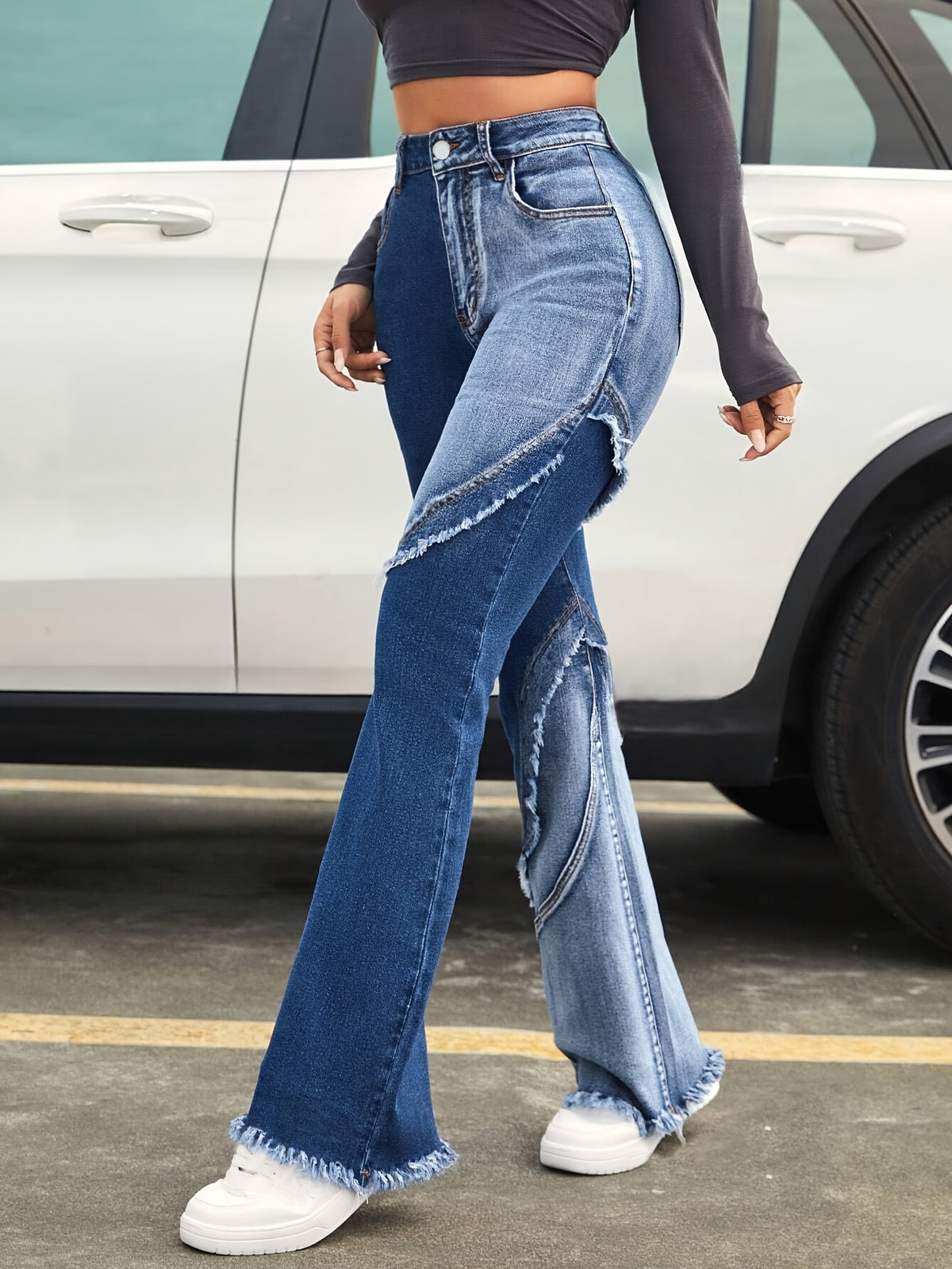 High Waist Flared Jeans Women Stretchy Denim Two Tone Washed Blue Frayed Cut Out Y2K Street Style Wide Leg Denim Pants Medium Blue S-XXL