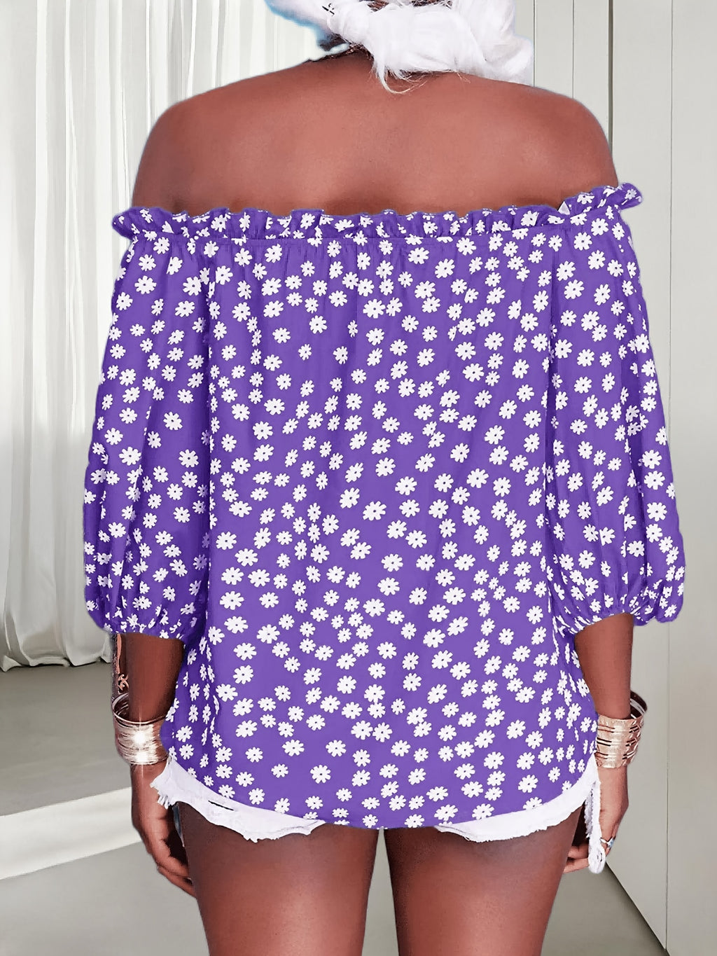 Floral Off Shoulder Chiffon Blouse Women 3/4 Sleeve Casual Summer Top Shirt 10 Colors S-XXL