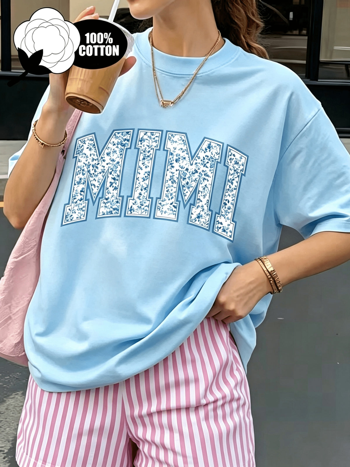Floral MIMI Print Women T-Shirt Short Sleeve Loose Crew Neck Casual Graphic Tee Breathable Lightweight Everyday Top