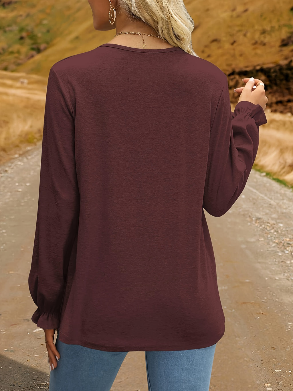 Pleated Ruffle Blouse Women's Long Sleeve Loose Fitting Tunic Top Crew Neck Solid Color Shirt S-XXL | Mira Roam