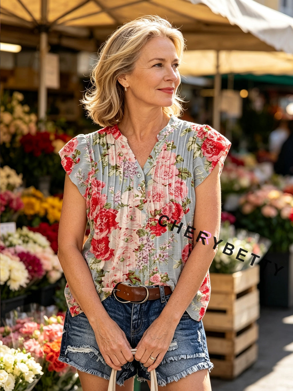 Flutter Sleeve Floral Blouse Women Elegant Chic Casual Summer Top Pink Gray Red Print Lightweight Spring S-XXL