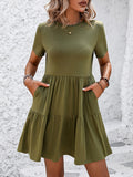 Women's Casual Crewneck Three-Layer Pleated Short Sleeve Dress with Pocket Knit Stretch Spring Summer Fall