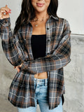 Flannel Plaid Shacket Women Gray Button Down Long Sleeve Shirt Jacket Coat with Pockets Relaxed Fit Casual