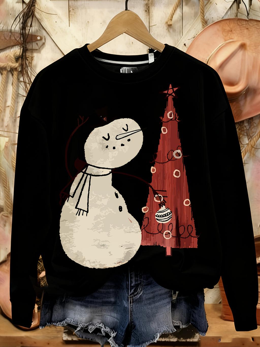 Women's Crew Neck Sweatshirt Christmas Pattern Printed Pullover Casual Thin Sports Top Soft Comfortable Autumn Winter Red Black White