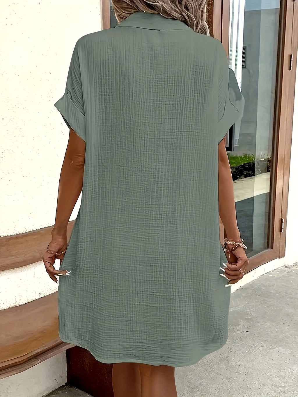 V-Neck Button Shirt Dress Women Short Sleeve Casual All-Season Lightweight Collar Dress