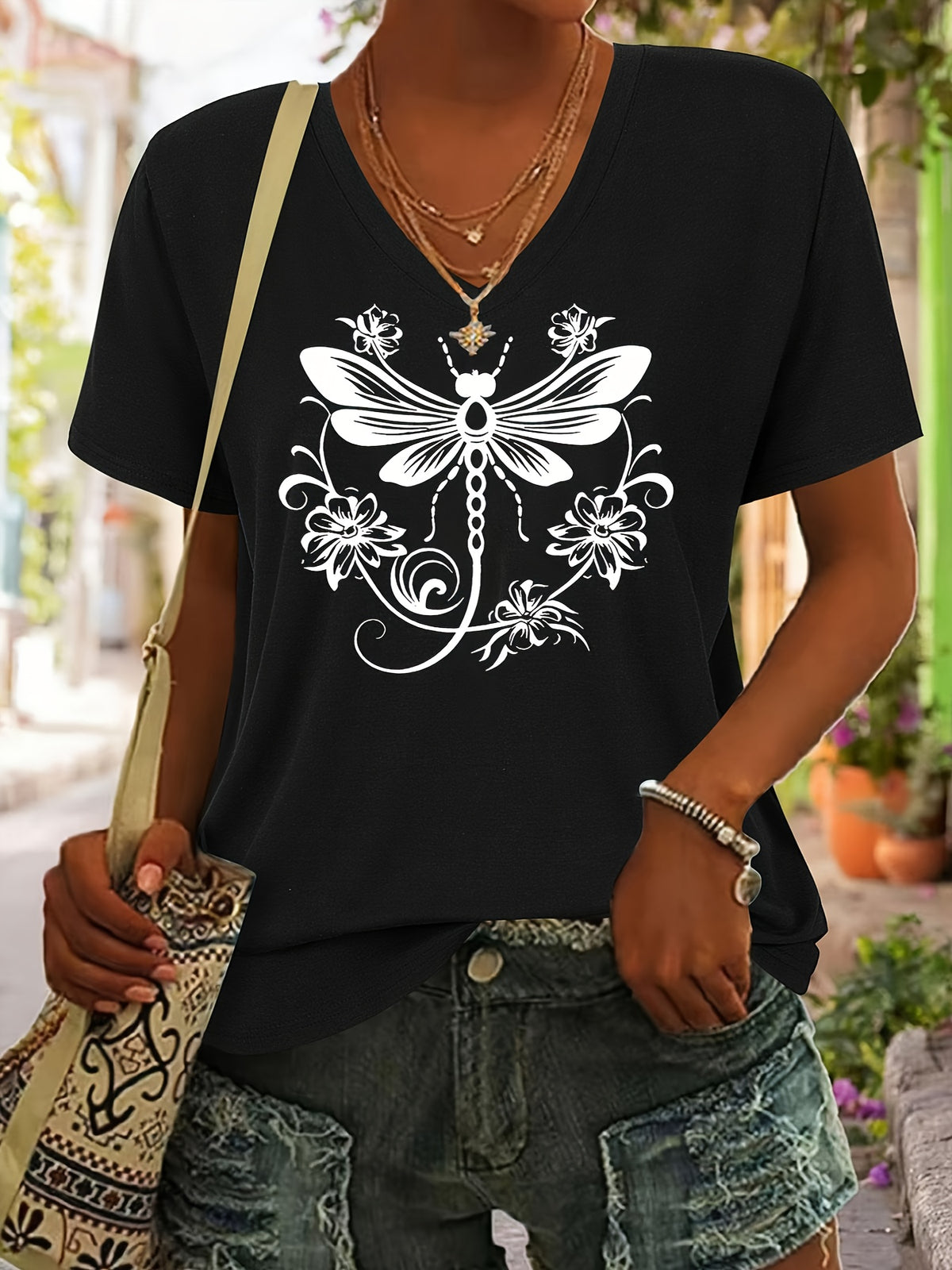 Dragonfly Print V-Neck T-Shirt for Women - Short Sleeve Casual Applique Top Spring Summer Soft Stretch Tee Gift for Her