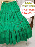 Eyelet Embroidered A-Line Midi Skirt Women Boho Drawstring Elastic Waist Flowy Layered Casual Vacation Dress Green Machine Washable S-XL