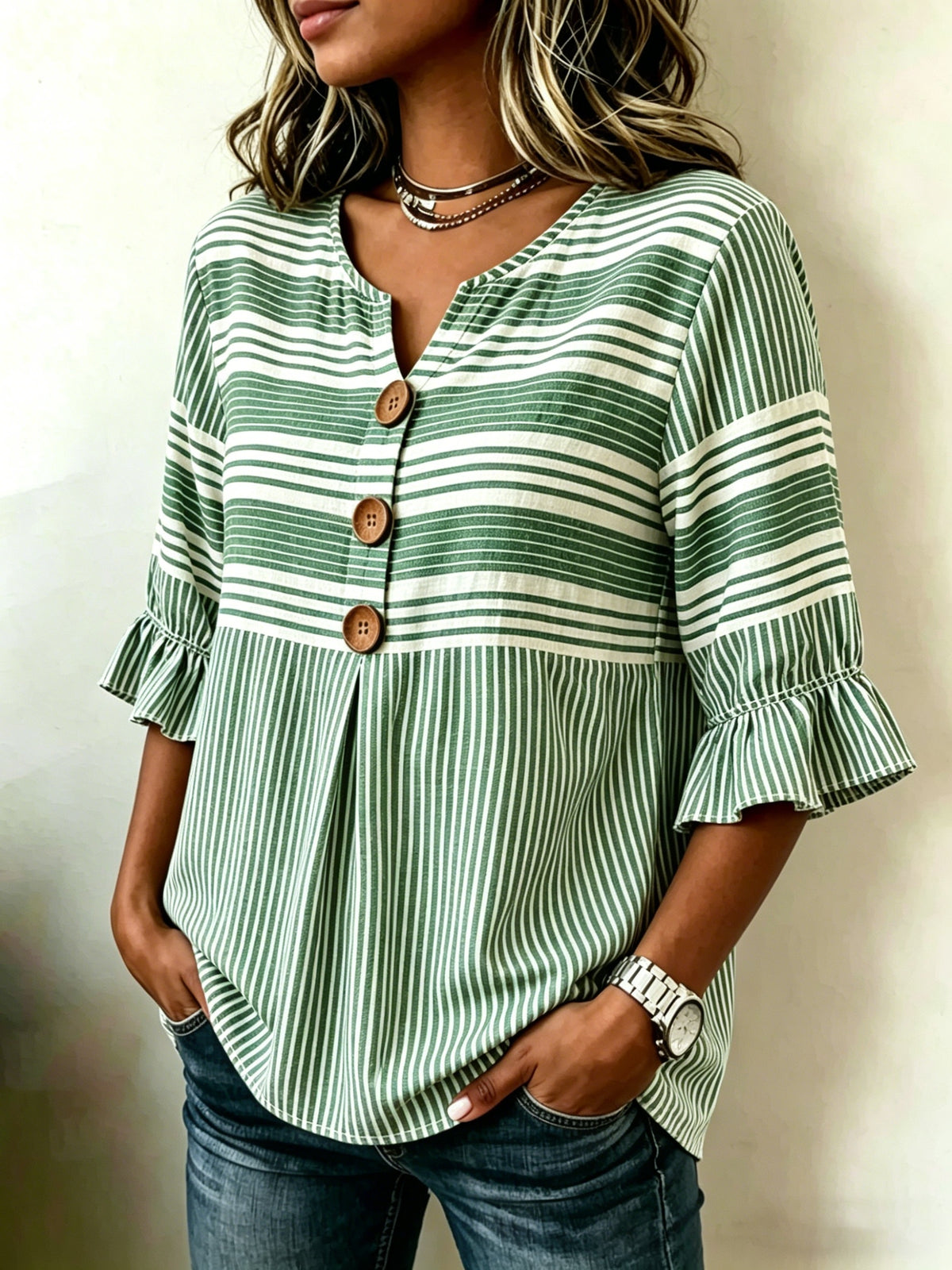 Striped V-Neck Blouse Women Ruffle 3/4 Sleeve Loose Fit Tunic Top Lightweight Linen Button Detail Summer Shirt S-2XL