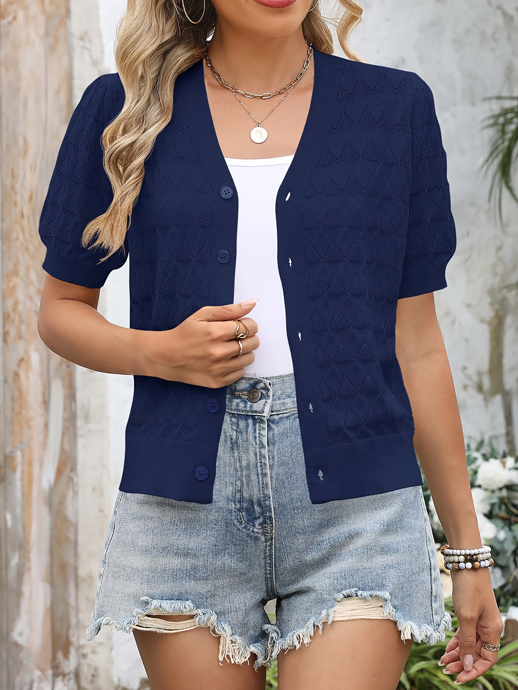 Women's Cropped Crochet Cardigan Puff Sleeve Linen Blend Sheer Lace Knit Short Top Breathable Lightweight Spring Summer Boho Fashion