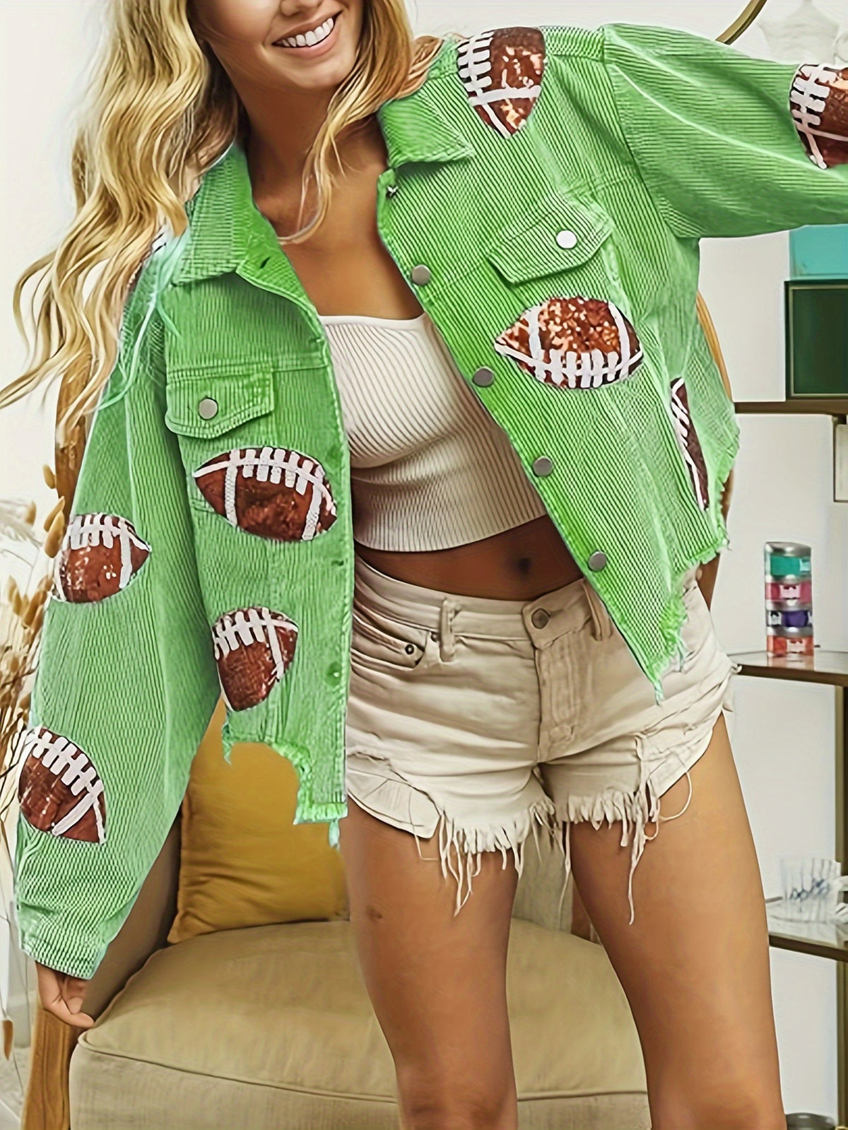 Football Sequin Cropped Corduroy Jacket Women Vintage Shacket Lapel Pockets Long Sleeve Game Day Campus Party Loose Fit