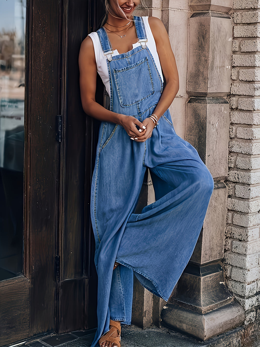 Women's Wide-Leg Denim Overall Pants Adjustable Shoulder Straps Large Pockets Loose Casual S-XXL