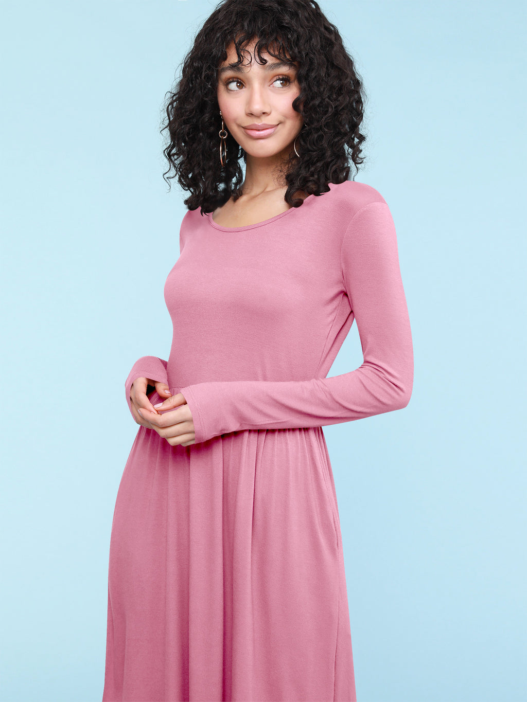 Long Sleeve Flowy Dress with Pockets Women Casual Soft Breathable Relaxed Fit Everyday Dress 18 Colors S-XXL