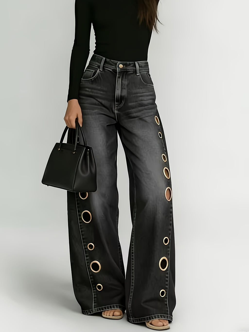 High Waist Wide Leg Jeans Women Retro Metal Eyelet Denim Pants Loose Casual Street Style Y2K Cool Streetwear