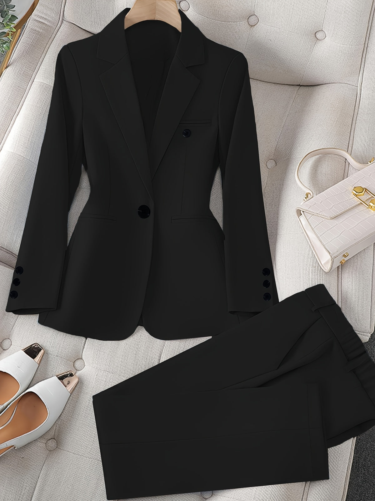 Women's 2 Piece Business Suit Set Solid Color Long Sleeve Blazer Jacket and Trousers Professional Work Outfit Elegant Pantsuit Matching Set