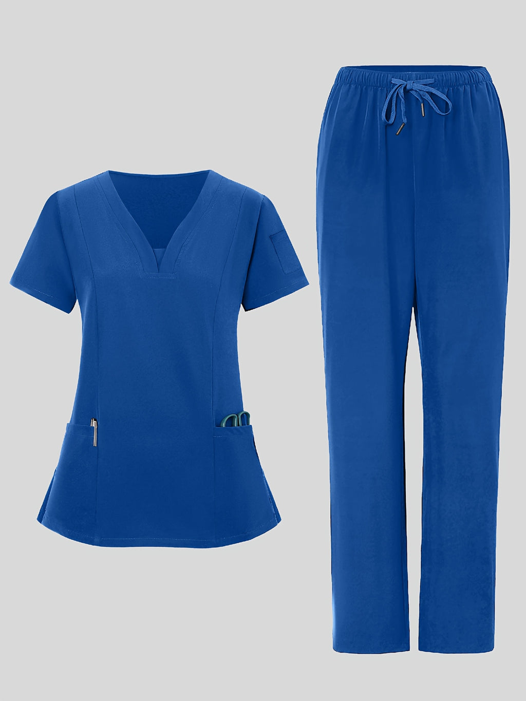 2pcs Women's V-Neck Work Uniform Set Breathable Pocket Top & Pants - Machine Washable Matching Scrub Suit for Healthcare, Education, Retail Casual Professional Attire