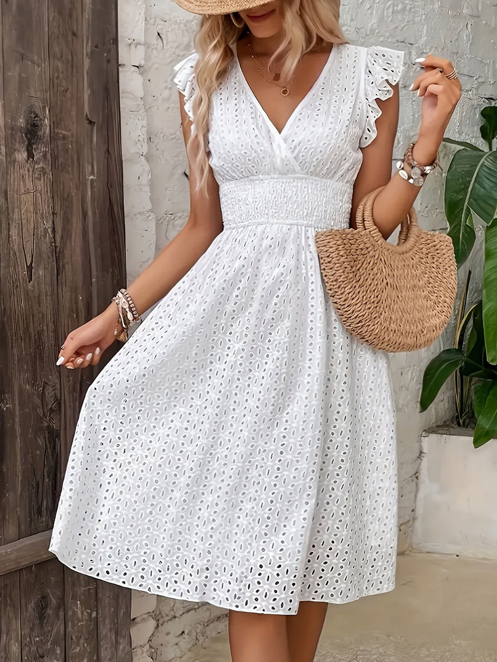 Jacquard Hollow V-Neck Dress Women Elegant Ruffle Sleeveless Elastic Waist Solid Color Mid-Length Formal Skirt