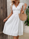 Jacquard Hollow V-Neck Dress Women Elegant Ruffle Sleeveless Elastic Waist Solid Color Mid-Length Formal Skirt