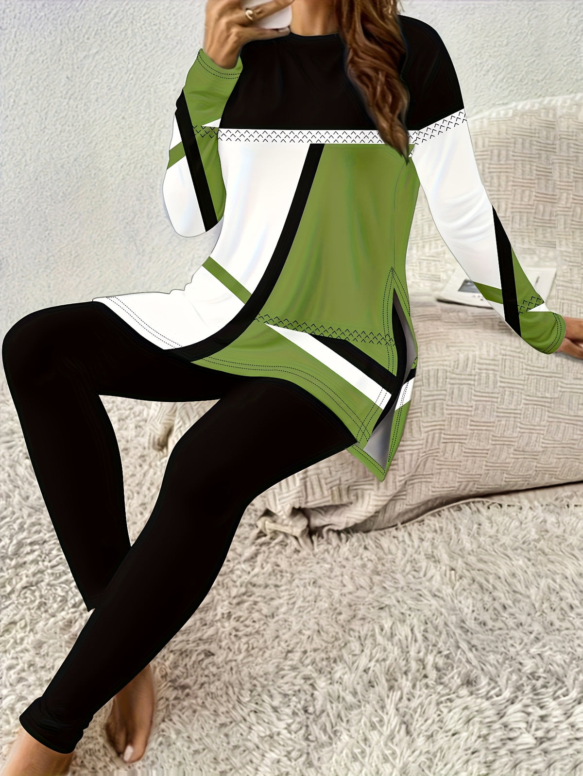Round Neck Long Sleeve Blouse and Printed Trousers Set Women 2pcs Stylish Side Slit Fall Winter Suit S-XL