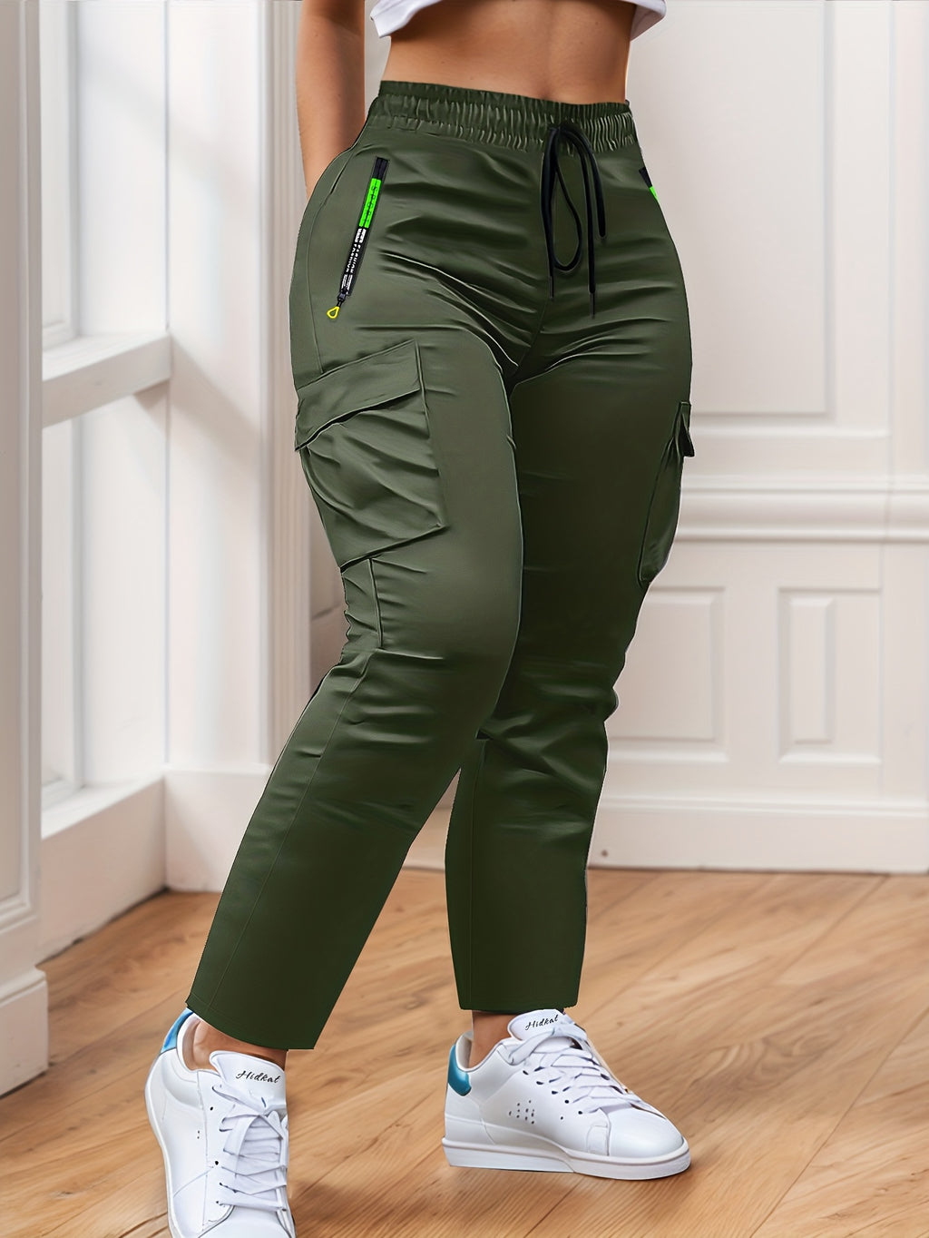 Women Cargo Pants Multi-Pocket Neon Green Zipper Drawstring Waist Full Length Outdoor Travel Trousers Spring Fall Casual