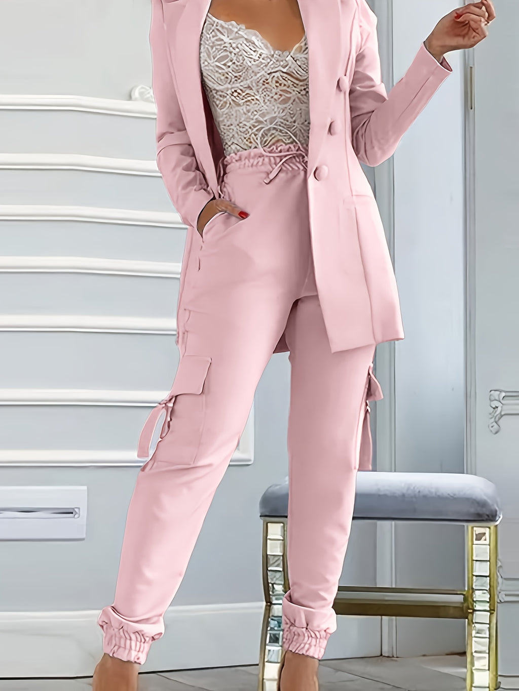 Women's 2pcs Blazer Jogger Pants Set Solid Color Elegant Casual Suit Elastic Waist Office Commuter Outfit for Women Spring Fall