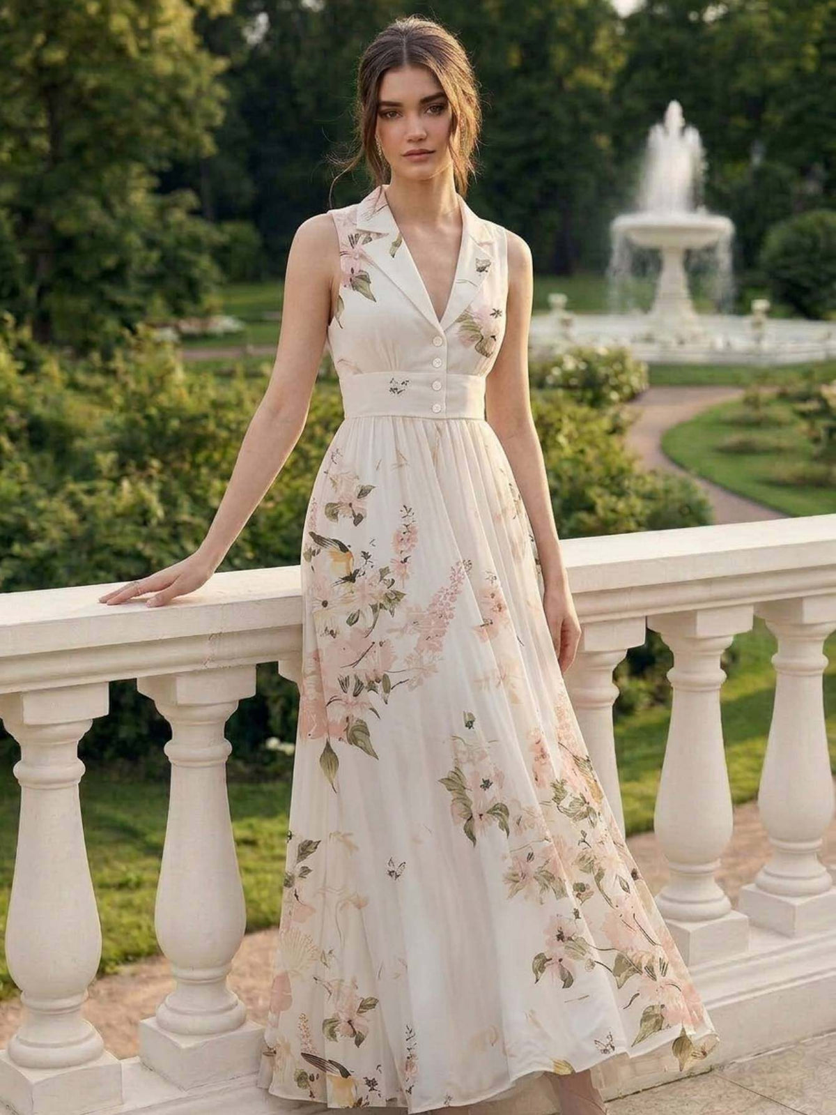 Vintage Print Lapel Dress Women Sleeveless Waist-Cinching Elegant A-Line Dress Spring Summer Date Afternoon Tea Semi-Formal Dress S-XXL