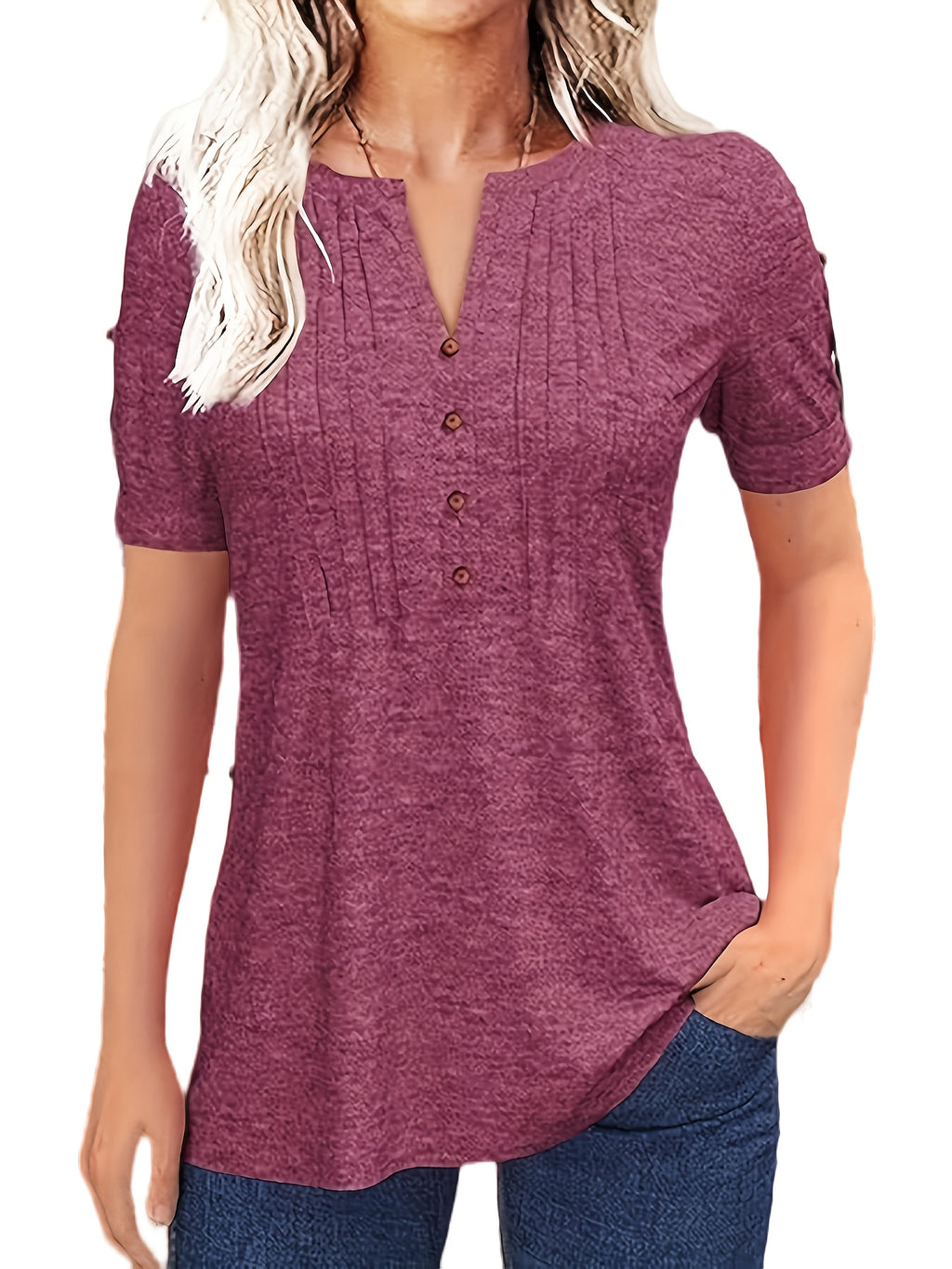 Pleated V-Neck T-Shirt Women Solid Color Short Sleeve Button-Up Casual Summer Top 60% Polyester Viscose Micro-Elastic Smooth Knit Tunic Versatile Daily Wear S-XXL