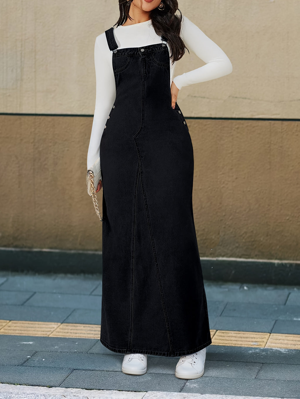 Women's Denim Maxi Dress Loose Fit Detachable Strap Button Closure Casual Chic Long Dress Spring Summer Fall