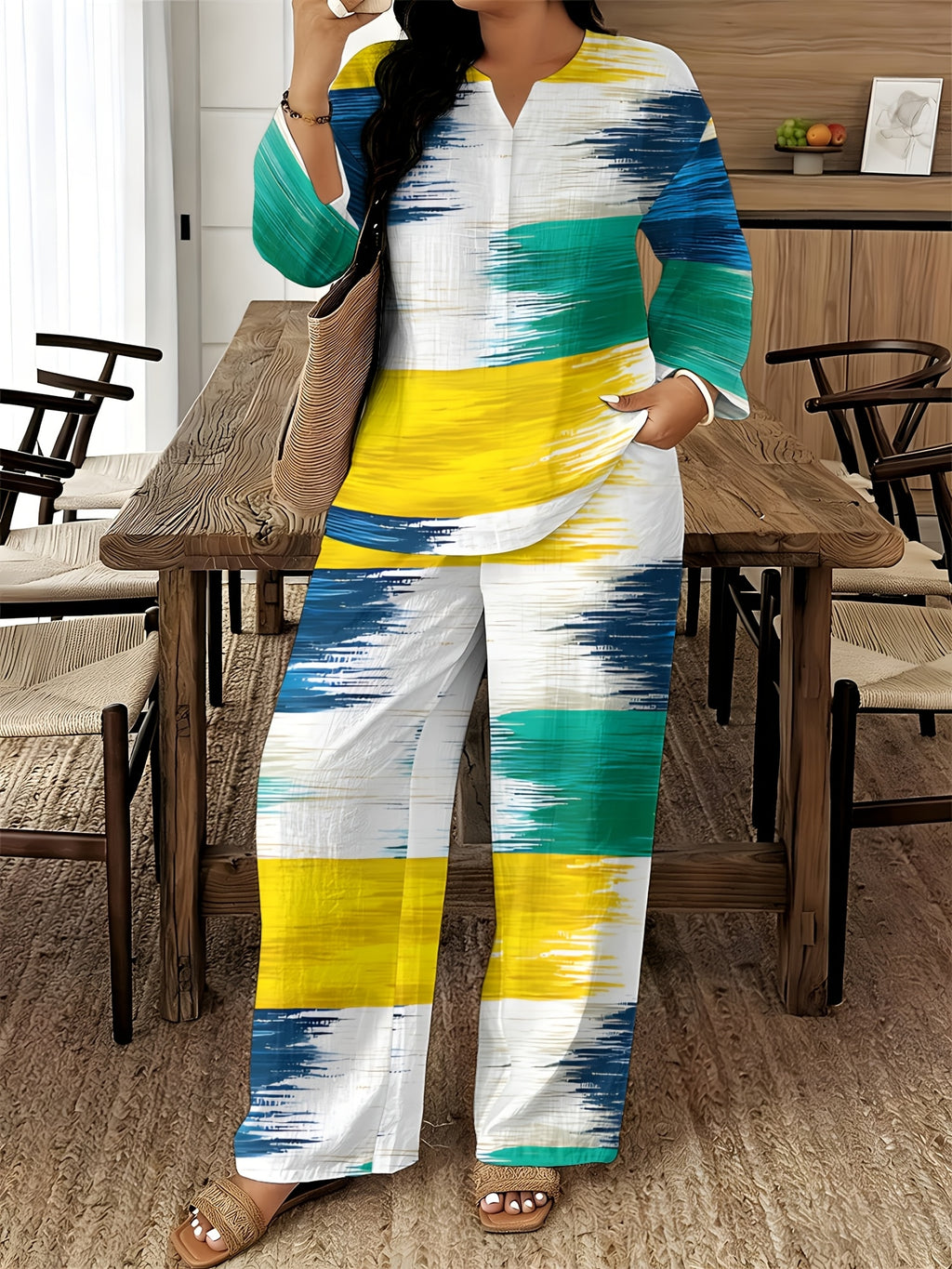 V-Neck Long Sleeve Printed Shirt Pants 2pcs Set Women Floral Digital Print Elastic Waist Casual Loungewear Spring Summer Two-Piece Outfit 15 Colors S-XXL