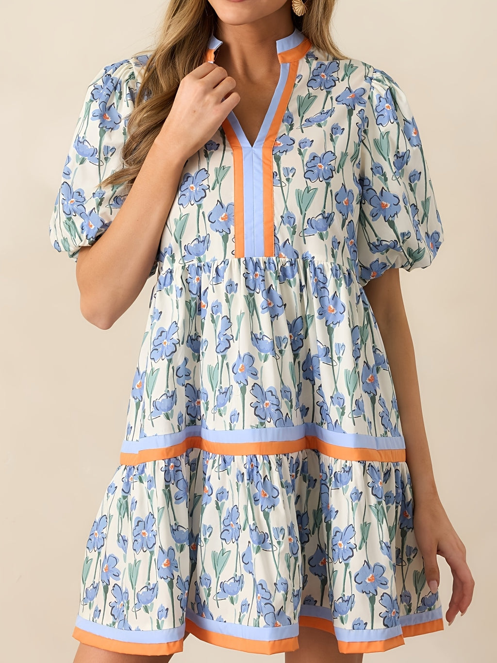 Puff Sleeve Floral Mini Dress Women Boho V-Neck Loose Flared Hem Lightweight Beach Vacation Dress Summer S-XXL