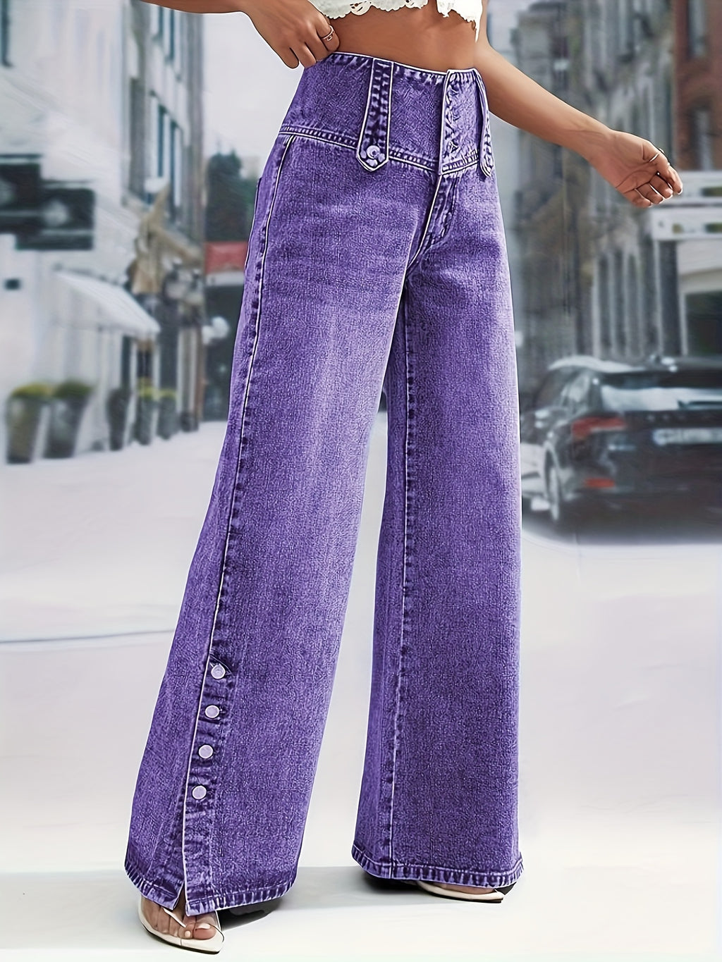 Loose Jeans for Women Button Waistband Open Button Cuff Casual Straight Denim Pants All-Season Machine Washable Travel Streetwear S-XXL