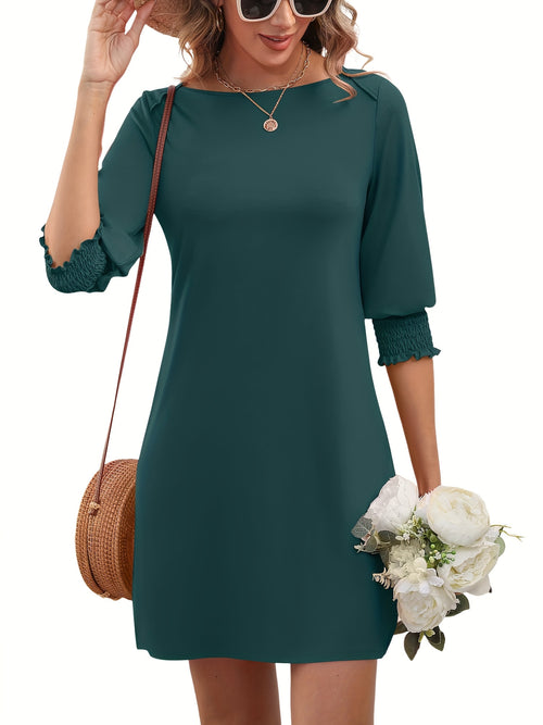 Boat Neck 3/4 Sleeve A-Line Shift Dress Women Solid Color Loose Trapeze Midi Casual Spring Summer Woven Viscose Blend S-XXL
