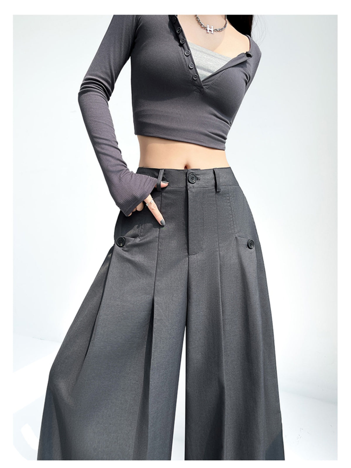Pleated Wide Leg Pants Women High Waist Dark Grey Niche Design Trousers Spring Fall Date Occasion Chic Bottoms