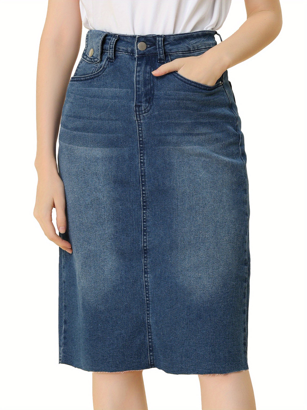 High Waist Denim Midi Skirt Women A-Line Back Slit Stretch Casual Jean Skirt Raw Hem Flared Spring Summer 2025