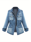 Round Neck Three Quarter Sleeve Short Denim Jacket Women Casual Daily Outfit Spring Autumn Jean Coat Blue Light Blue