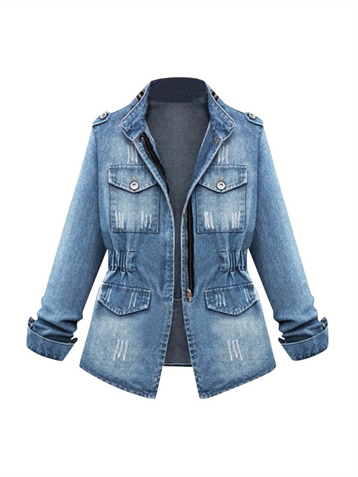 Round Neck Three Quarter Sleeve Short Denim Jacket Women Casual Daily Outfit Spring Autumn Jean Coat Blue Light Blue