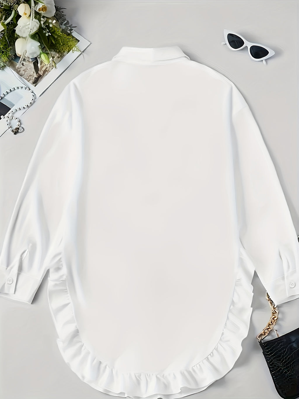 Ruffle Shirt Women Loose Oversized Frill Detail Casual Elegant Blouse Spring Summer Office Top S M L XL XXL