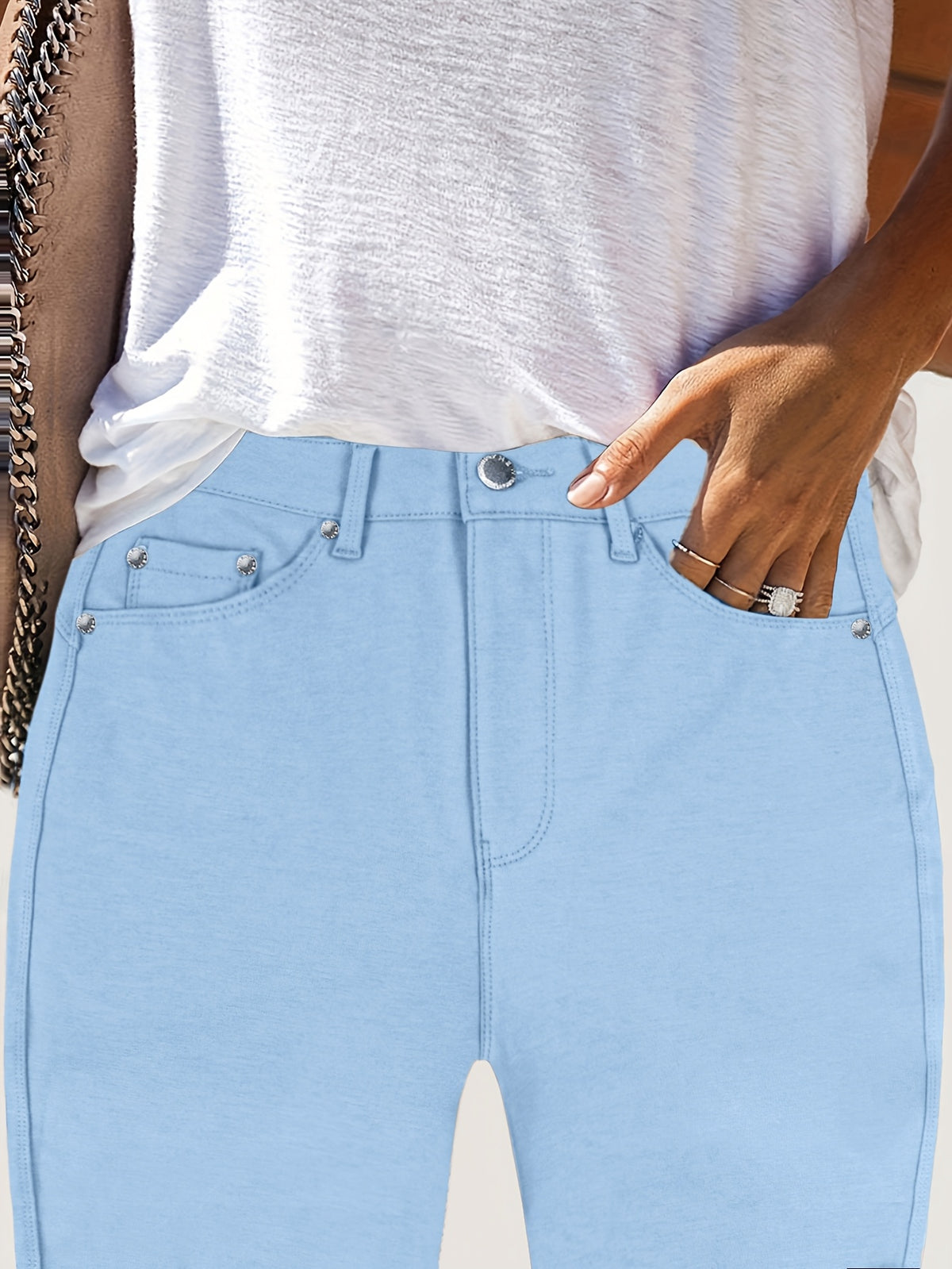 High Waist Skinny Jeans Women Metal Button Detail - Stretch Street Style Casual Denim Pants in Black, Blue, Burgundy & More Colors S-XXL