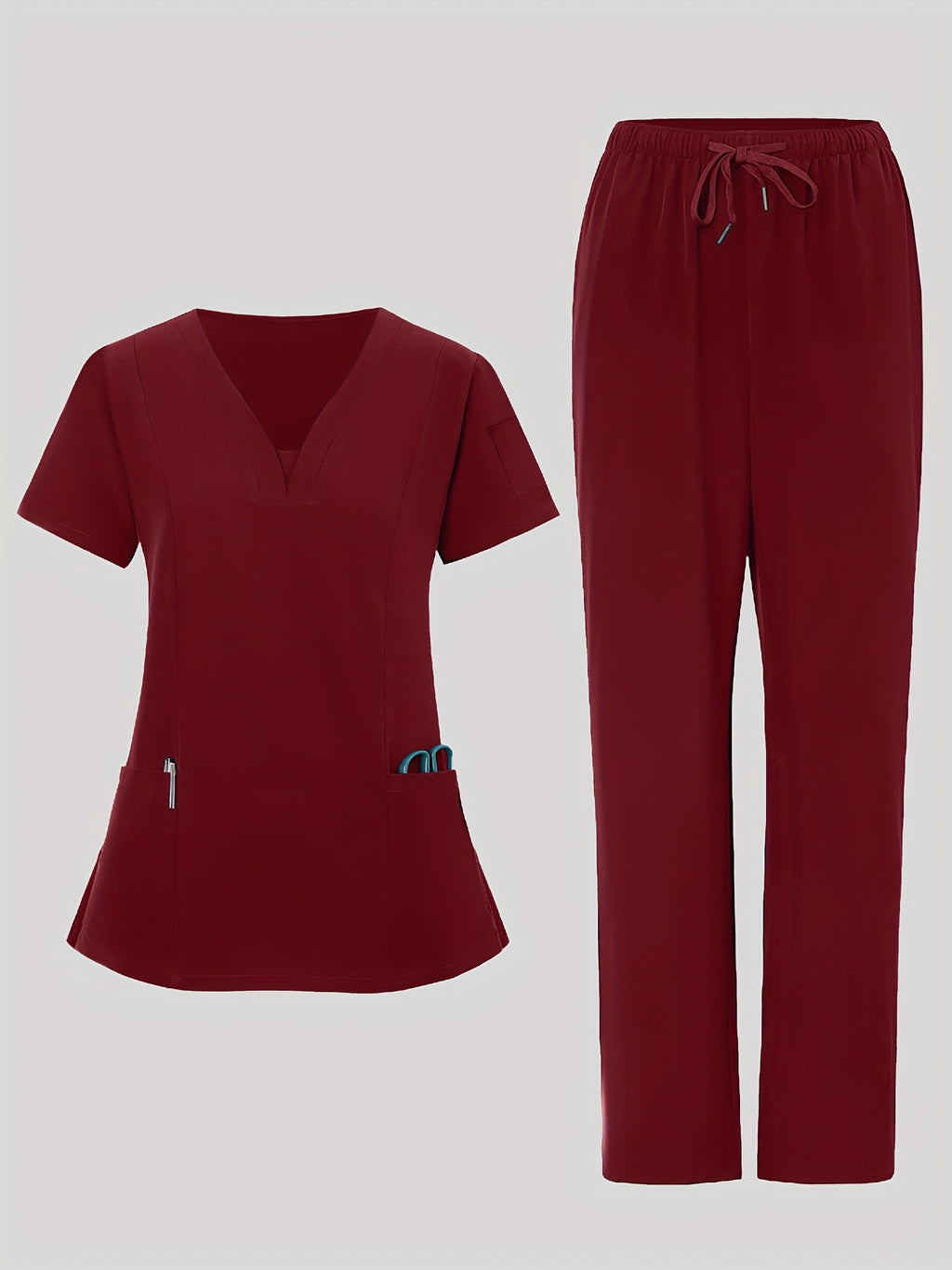 2pcs Women's V-Neck Work Uniform Set Breathable Pocket Top & Pants - Machine Washable Matching Scrub Suit for Healthcare, Education, Retail Casual Professional Attire
