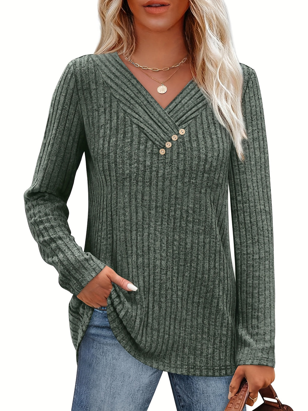 V-Neck Button Detail Pullover Sweater for Women - Cozy Casual Long Sleeve Knit Top Fall Winter Solid Color Soft Everyday Sweater
