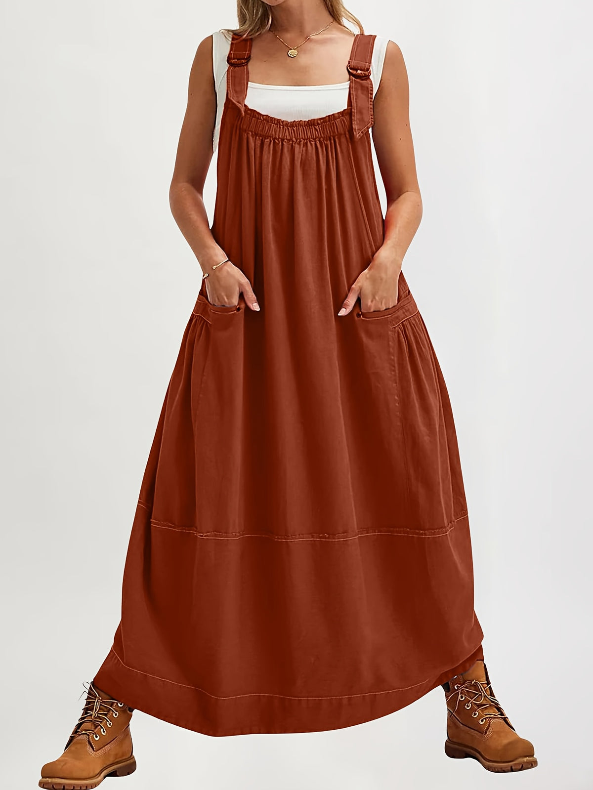 Overall Dress Women Loose Adjustable Strap Midi Length Big Pockets Workwear Casual Bib Jumper Dress Spring Summer S M L XL XXL