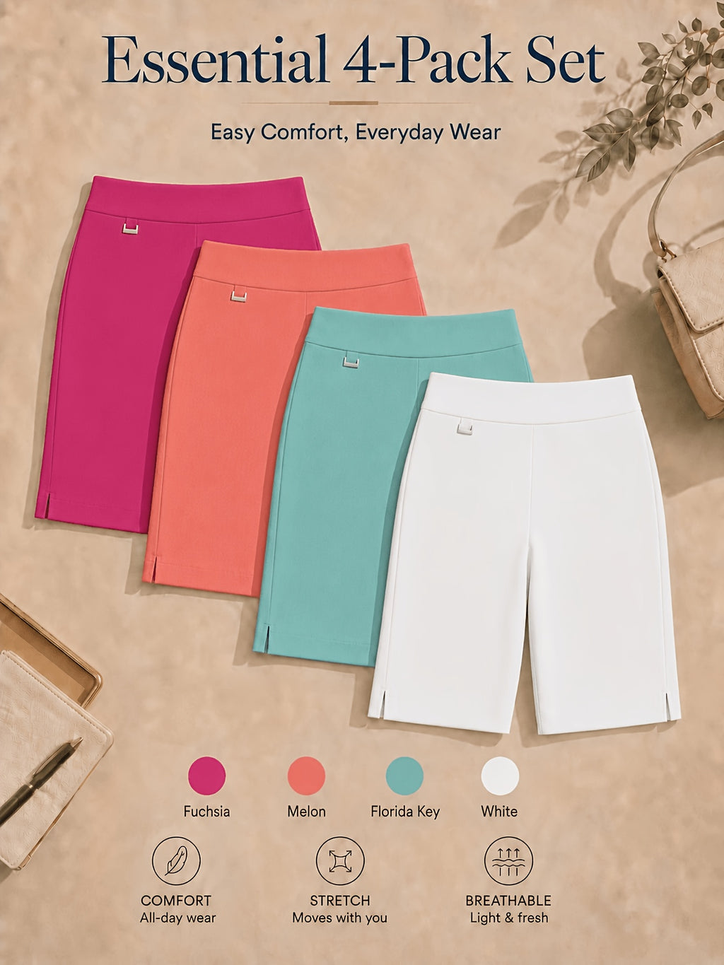 Women's Bermuda Shorts 4-Pack Pull-On Stretchy Breathable Knee Length Work Shorts with Side Slit Hem Skin-Friendly Multi-Color Set