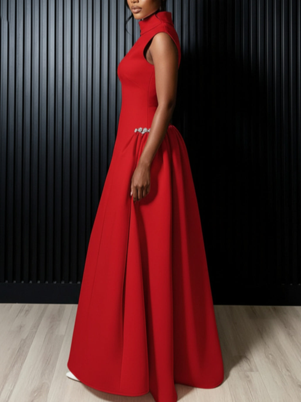 Red Pleated Maxi Dress Women Sleeveless Mock Neck Waist Tie Structured Formal Gala Evening Luxury Party Dress S-XXL