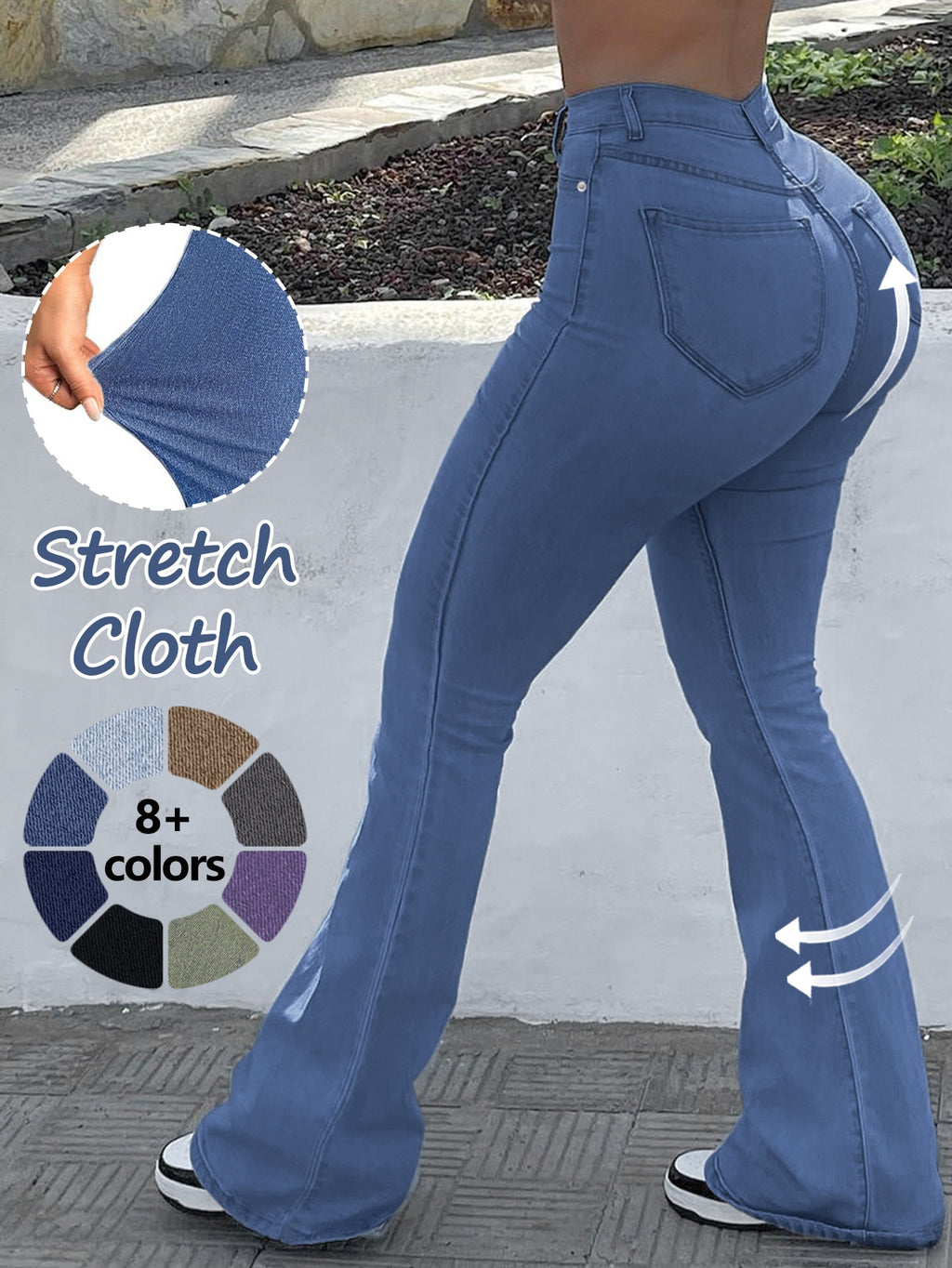High Waist Stretch Flare Jeans Women Wide Leg Pants with Pockets – Solid Color Street Style, All-Season Comfortable Denim, Machine Washable